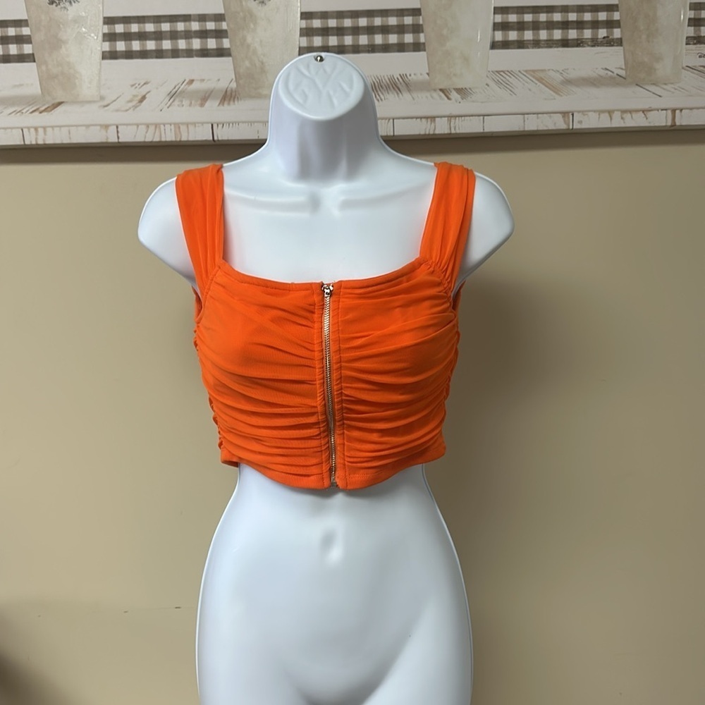NWT Orange Zip Up Sleeveless Ruffle Cropped Top